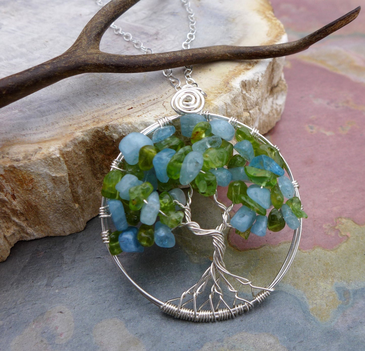 Sterling Silver Tree of Life Pendant Aquamarine/Peridot Gemstone Tree of Life Pendant Necklace- March Birthstone,March Birthday Gift for her