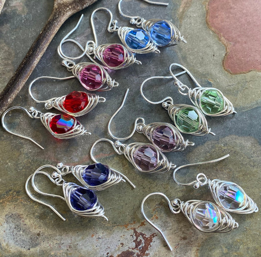 Swarovski 8 mm Round Crystal Earrings in Sterling Silver, Multiple color Crystal Earrings, Crystal Dangling Earrings,Bridal Crystal earrings