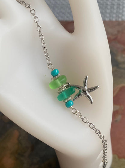Sea Glass Bracelet, Beach Glass Bracelets, Green Sea Glass beaded Bracelet, Summer Beach Jewelry, Starfish Beach Boho Bracelet, Green