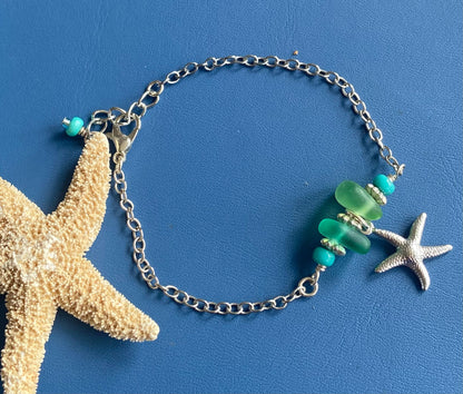 Sea Glass Bracelet, Beach Glass Bracelets, Green Sea Glass beaded Bracelet, Summer Beach Jewelry, Starfish Beach Boho Bracelet, Green