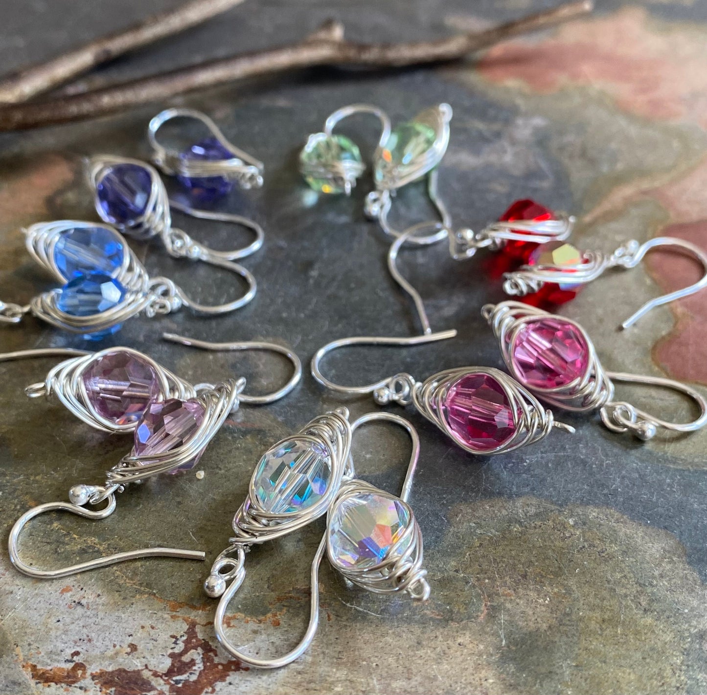 Swarovski 8 mm Round Crystal Earrings in Sterling Silver, Multiple color Crystal Earrings, Crystal Dangling Earrings,Bridal Crystal earrings