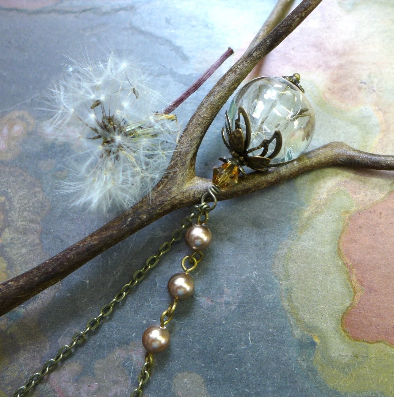 Dandelion Necklace-Dandelion Seed  Flower Bronze Pearl  Brass Necklace ONLY - Make a Wish Gift, Birthday Gift,Graduation Gift