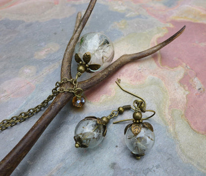 Dandelion Necklace, Real Dandelion Seed Flower Bronze Pearl Brass Necklace ONLY - Wish Jewelry, Glass Jewelry,Make a Wish