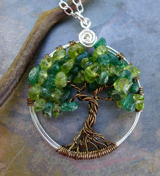 Tree of Life Pendant Necklace-Peridot/DarkJade Tree of Life Necklace,Wire Wrapped Gemstone Pendant, August Birthstone Tree  TLN-PERDJAD-SBPL