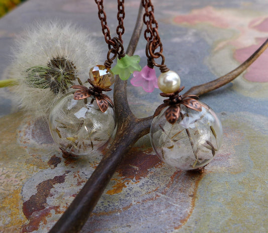Dandelion Pendant Necklace, Dandelion Seed Flower Brass Necklace - Wish Jewelry, Glass Bottle Flower Necklace, Bridal/Bridesmaid Jewelry