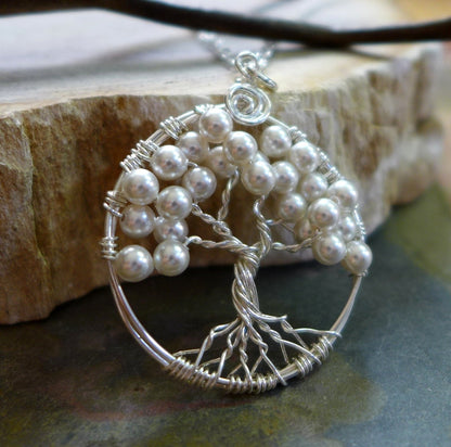 Sterling Silver Petite-Mini-Small White Pearl Tree of Life Pendant, Bridesmaid Tree of life Necklace-June Birthstone, Bridal Necklace