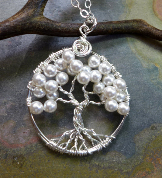 Sterling Silver Petite-Mini-Small White Pearl Tree of Life Pendant, Bridesmaid Tree of life Necklace-June Birthstone, Bridal Necklace