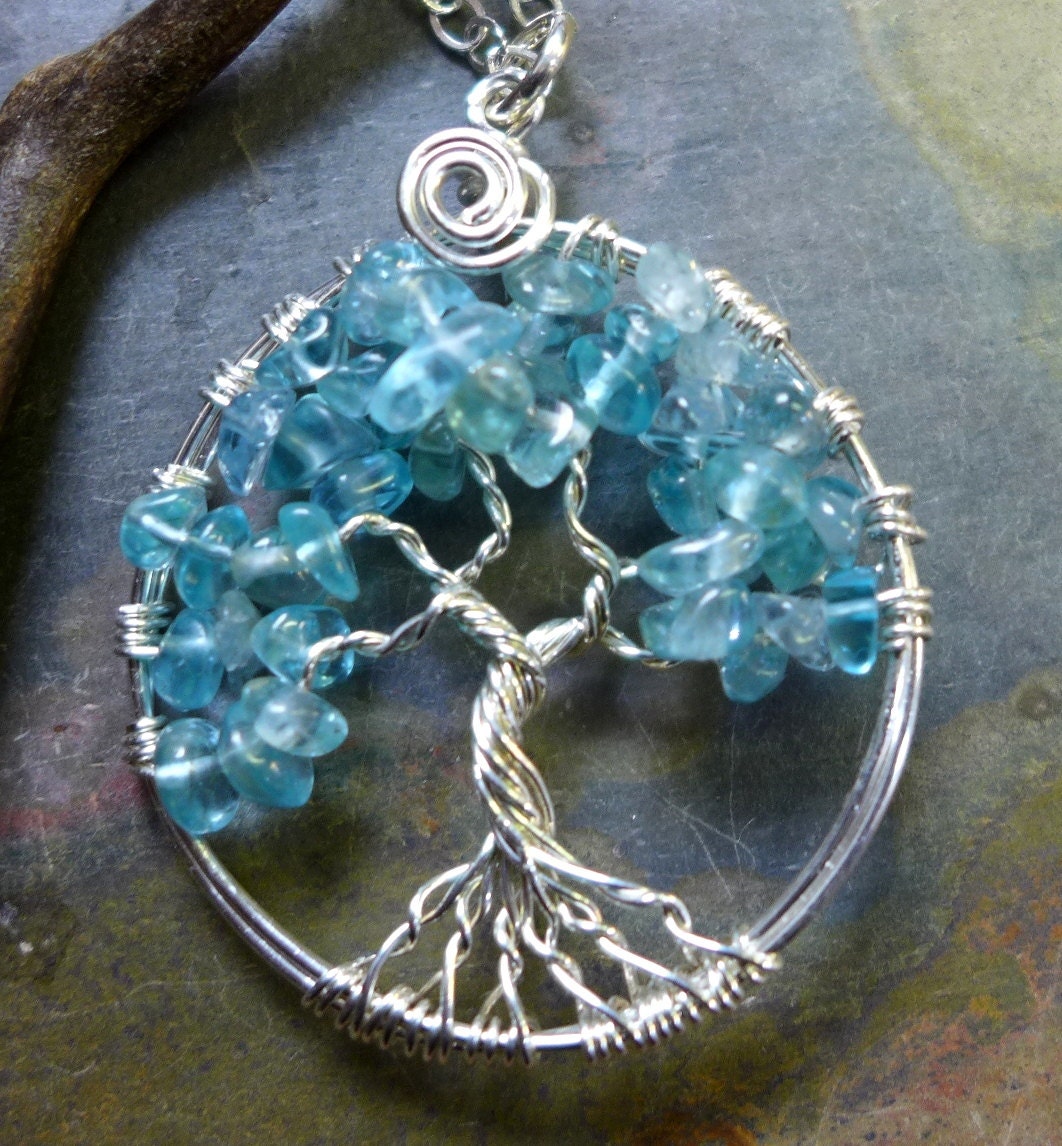 Aquamarine/Apatite Necklace in Sterling Silver, March Tree of Life Necklace, Aquamarine /Apatite Tree of Life Necklace in Silver