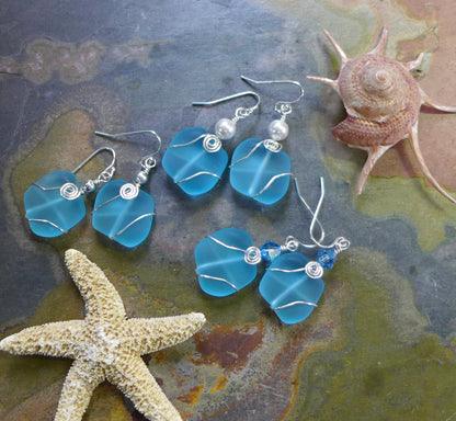 Beach Earrings,Aqua Blue Sea Glass Earrings in Sterling Silver, Aqua Blue Sea Glass Earrings, Beach Weddings, Aqua Blue  Dangling  Earrings