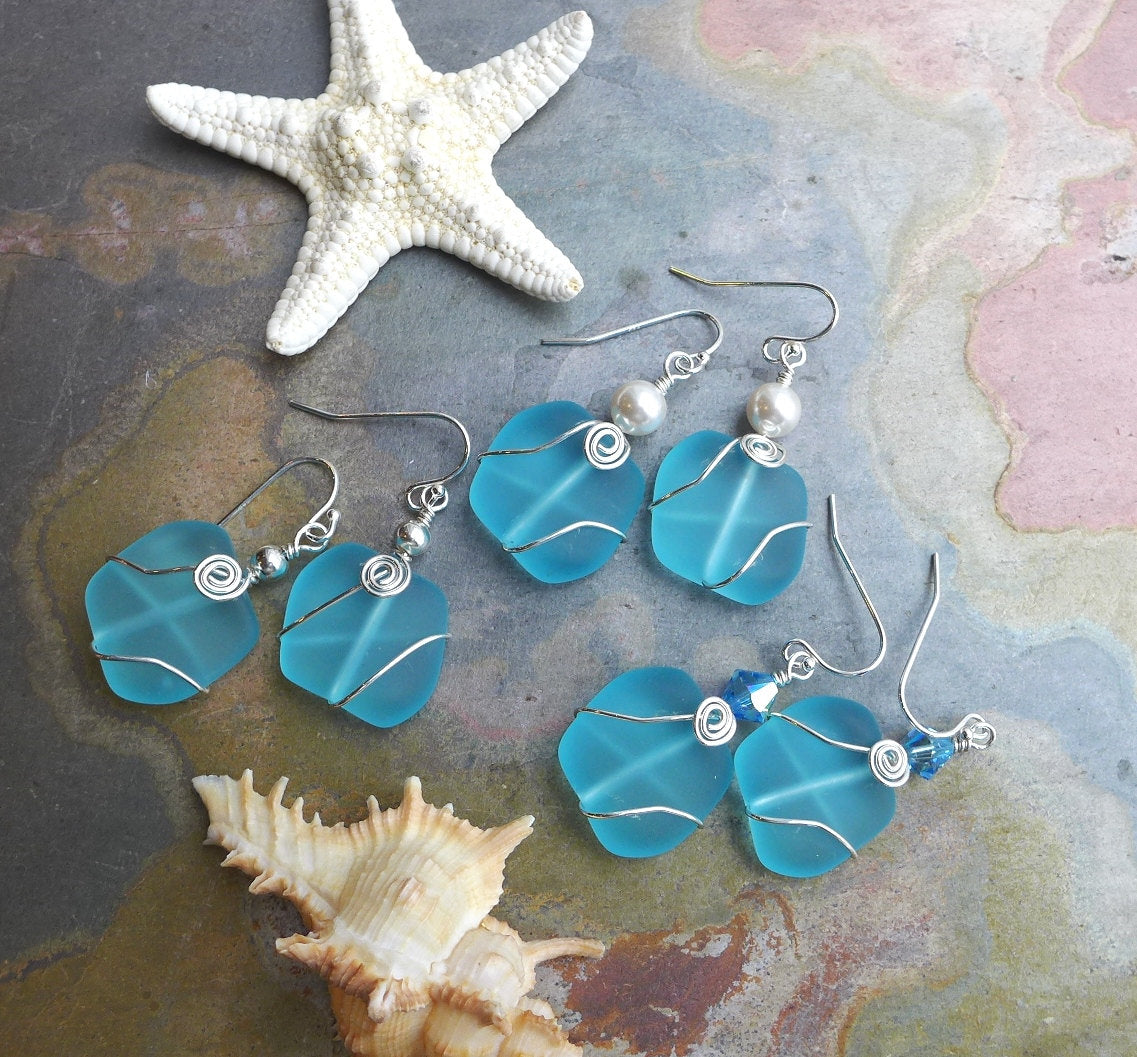 Beach Earrings,Aqua Blue Sea Glass Earrings in Sterling Silver, Aqua Blue Sea Glass Earrings, Beach Weddings, Aqua Blue  Dangling  Earrings