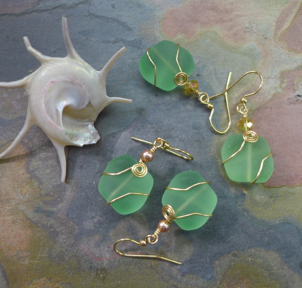 Green Sea Glass Gold Earrings- Recycled Green Glass Earrings in Gold  Earwires, Beach Weddings, Beach Glass Earrings,