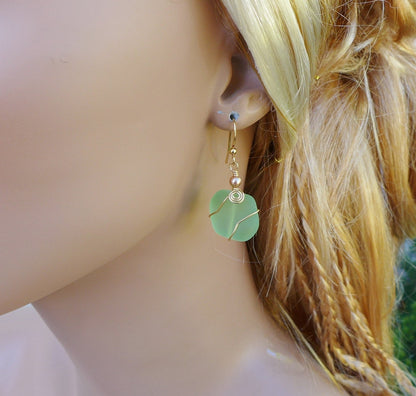 Green Sea Glass Gold Earrings- Recycled Green Glass Earrings in Gold  Earwires, Beach Weddings, Beach Glass Earrings,