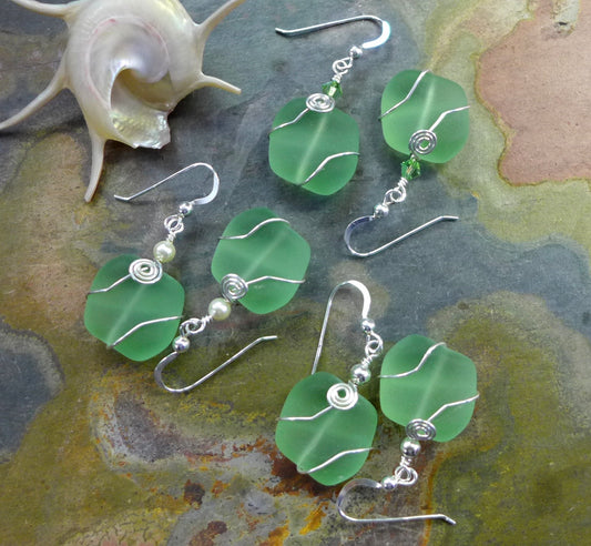 Green Beach Glass Earrings, Green Sea Glass Earrings in Sterling Silver Earwires, Beach Wedding Earrings,Bridesmaid Earrings,