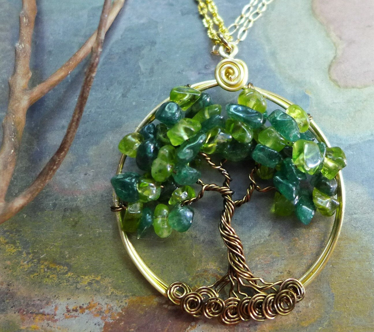 Wire Wrapped Tree of Life Necklace , Peridot / Dark Jade Tree of Life Pendant in Gold  - August Birthstone Tree of Life Necklace