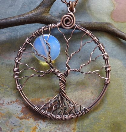 Blue Opalite Full Moon Tree of Life Pendant in Antiqued copper - Wire Wrapped Full Moon Tree of Life Pendant Necklace, Opalite Moon Tree