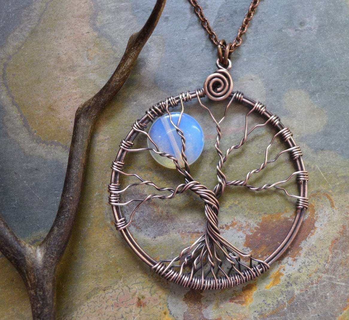 Blue Opalite Full Moon Tree of Life Pendant in Antiqued copper - Wire Wrapped Full Moon Tree of Life Pendant Necklace, Opalite Moon Tree