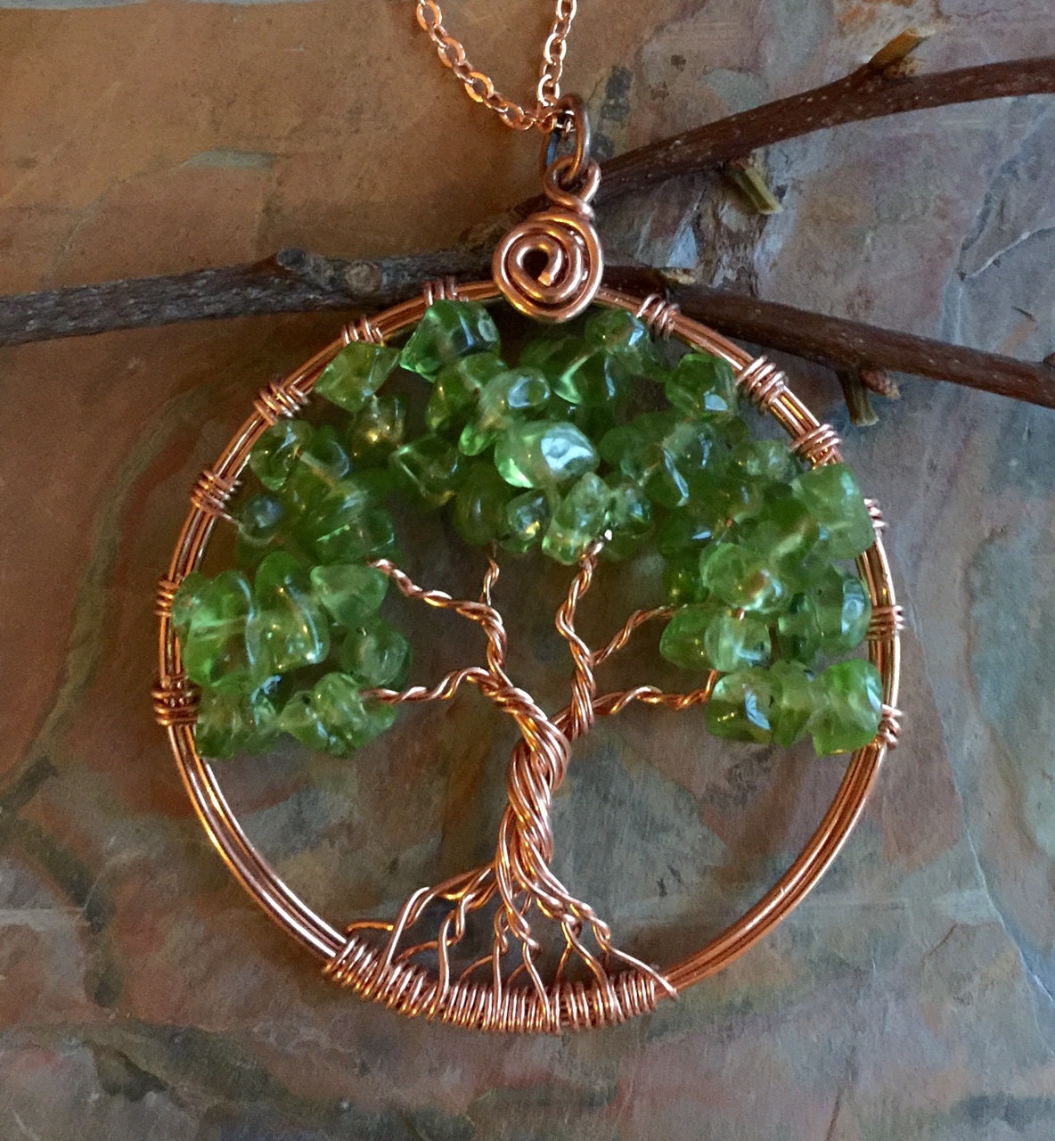 Copper Peridot Tree of Life Necklace Wire Wrapped Copper Tree of life Necklace, Peridot Tree of Life Pendant, August Birthstone