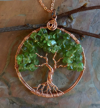 Copper Peridot Tree of Life Necklace Wire Wrapped Copper Tree of life Necklace, Peridot Tree of Life Pendant, August Birthstone