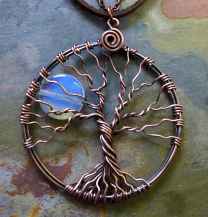 Blue Opalite Full Moon Tree of Life Pendant in Antiqued copper - Wire Wrapped Full Moon Tree of Life, Car Mirror Charm, Charm