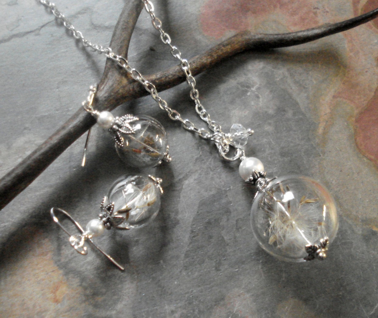 Dandelion Necklce, Dandelion Crystal Pearl Silver Necklace,Dandelion Earrings, a Wish Dandelion jewelry,Globe Jewelry, Bridesmaid Necklace