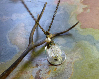 Dandelion Necklace in Brass Necklace, Dandelion Earrings,Make a Wish Jewelry, Bridesmaid jewelry,Bridesmaid Necklace, Clear Orb jewelry