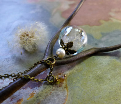 Dandelion Necklace in Brass Necklace, Dandelion Earrings,Make a Wish Jewelry, Bridesmaid jewelry,Bridesmaid Necklace, Clear Orb jewelry