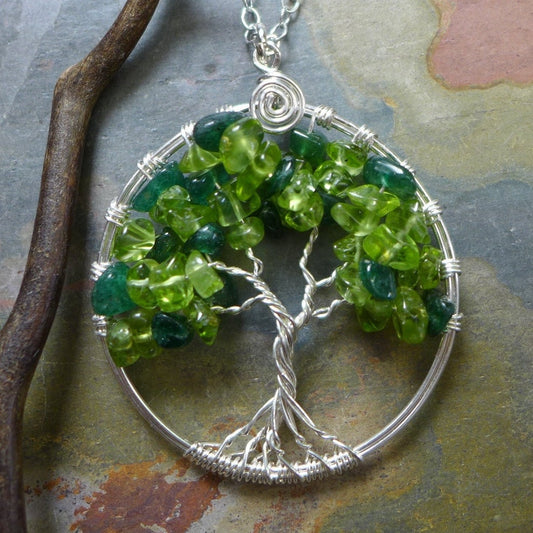 Green Tree of Life Necklace,Peridot/Jade tree of Life Pendant,May/August Birthstone Tree of Life Necklace,Sterling Silver Tree of Life